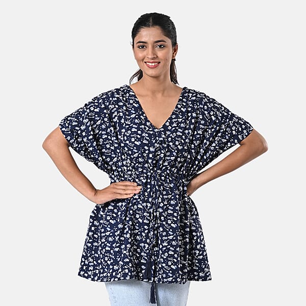 TAMSY Navy Floral Short Kaftan With Drawstring Waist Tie - One Size Fits Most