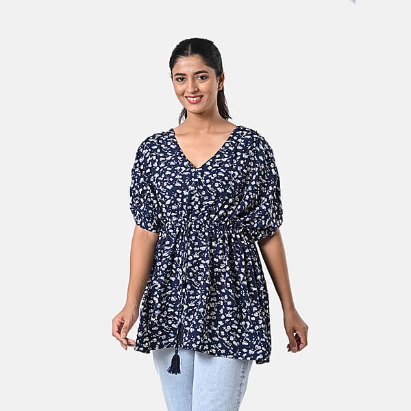 TAMSY Navy Floral Short Kaftan With Drawstring Waist Tie - One Size Fits Most