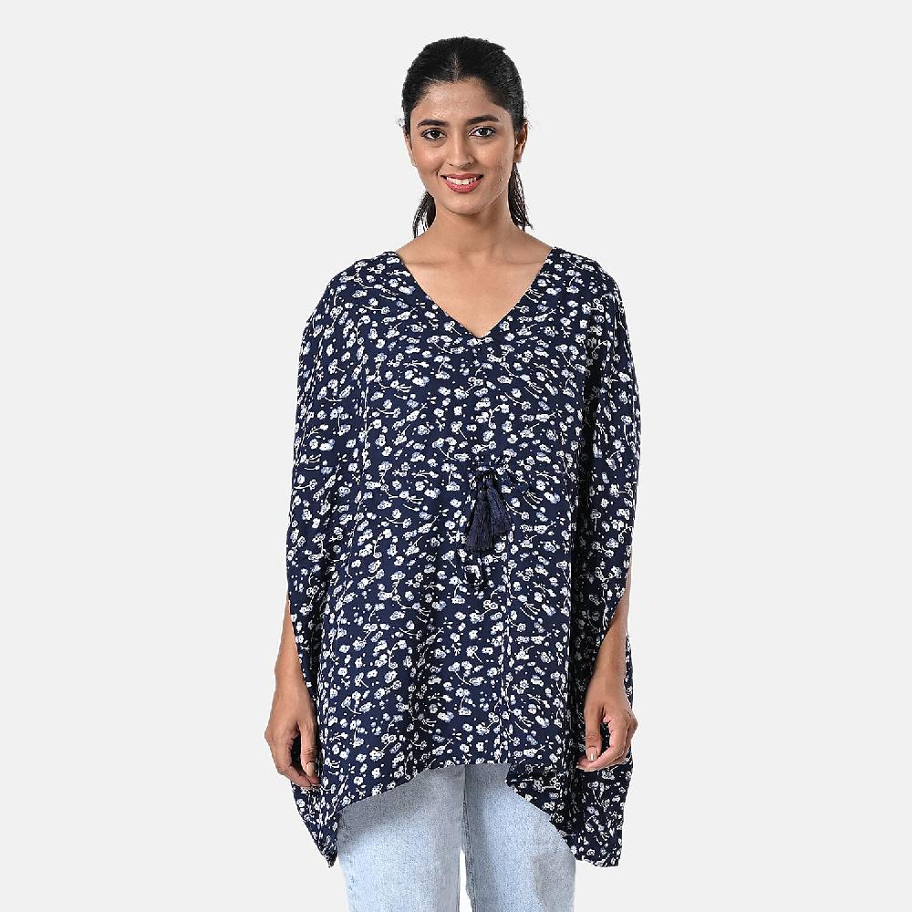 TAMSY Navy Floral Short Kaftan with Drawstring Waist Tie - One Size Fits Most