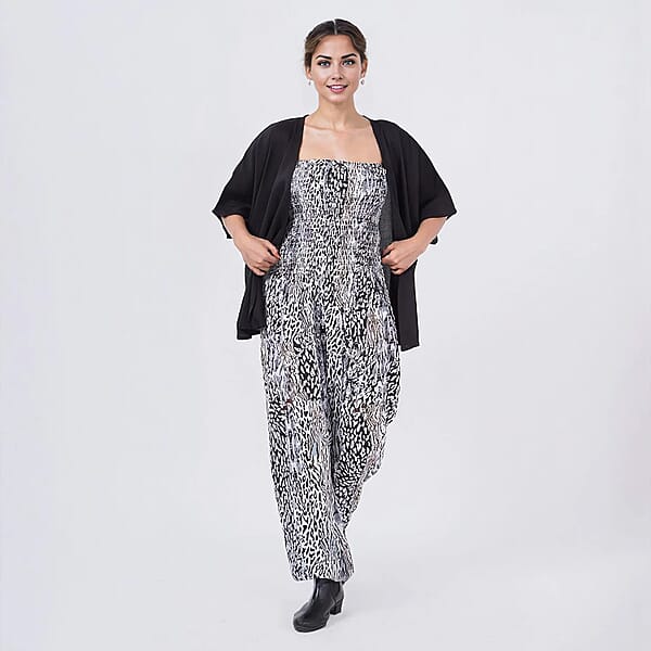 Tamsy Neutral Animal Smocked Jumpsuit With Black Kimono Set - One Size Fits Most