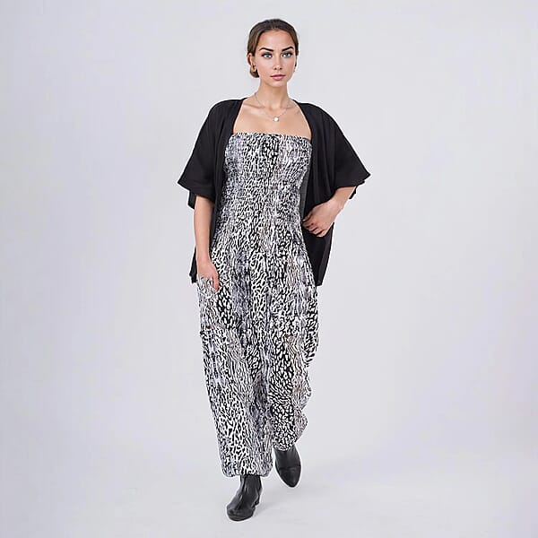 Tamsy Neutral Animal Smocked Jumpsuit With Black Kimono Set - One Size Fits Most