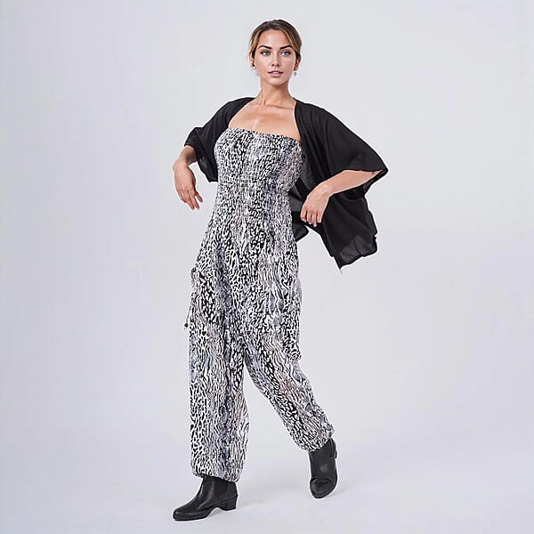 Tamsy Neutral Animal Smocked Jumpsuit With Black Kimono Set - One Size Fits Most
