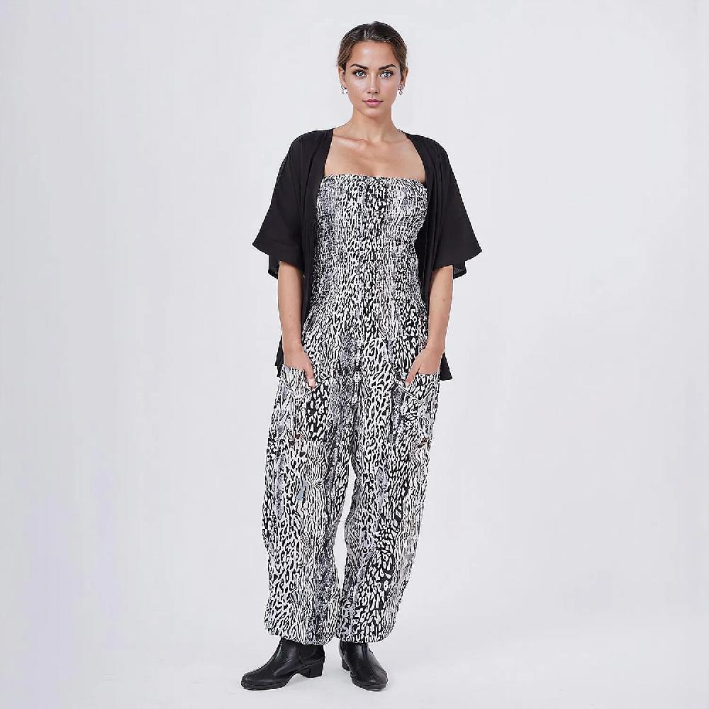 Tamsy Neutral Animal Smocked Jumpsuit with Black Kimono Set - One Size Fits Most