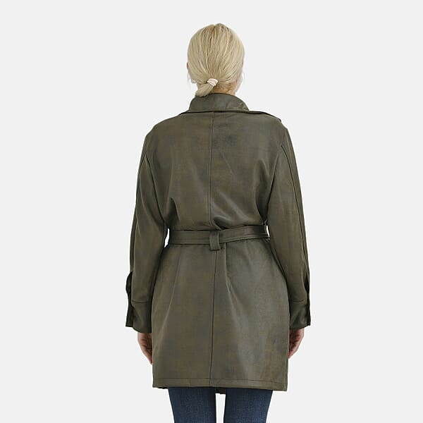 Tamsy Olive Double-Breasted Faux Suede Trench Coat With Belt - M
