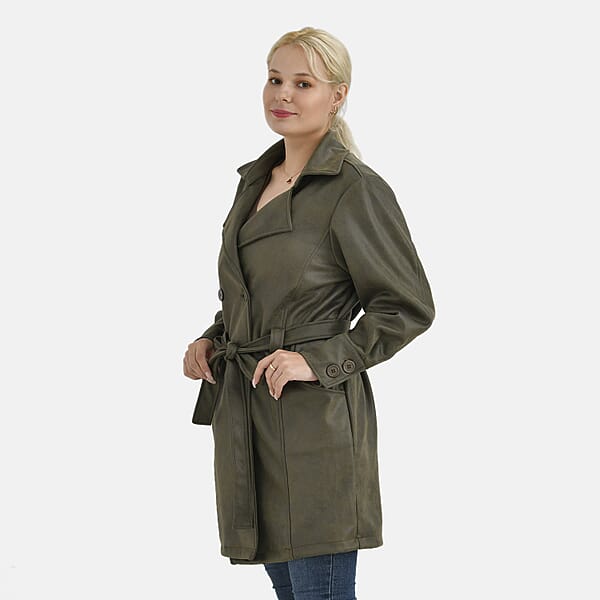 Tamsy Olive Double-Breasted Faux Suede Trench Coat With Belt - M
