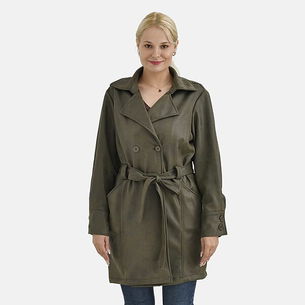Tamsy Olive Double-Breasted Faux Suede Trench Coat With Belt - M