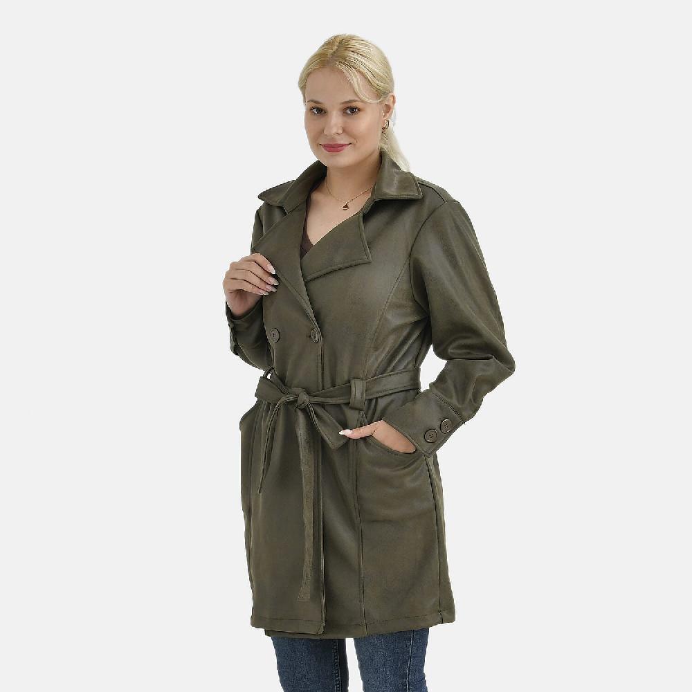 Tamsy Olive Double-Breasted Faux Suede Trench Coat with Belt - M