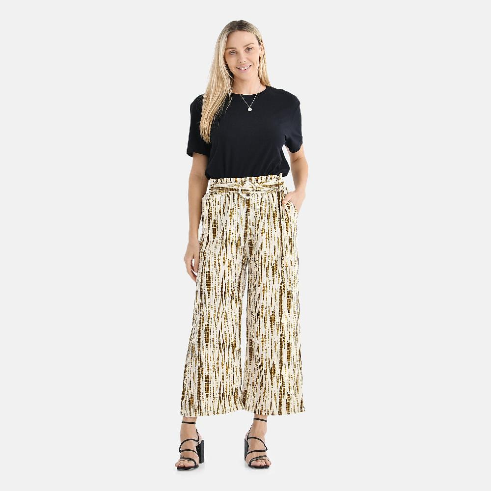 TAMSY Olive Tie Dye High Waist Wide Leg Belted Pant with Pockets - One Size Fits Most