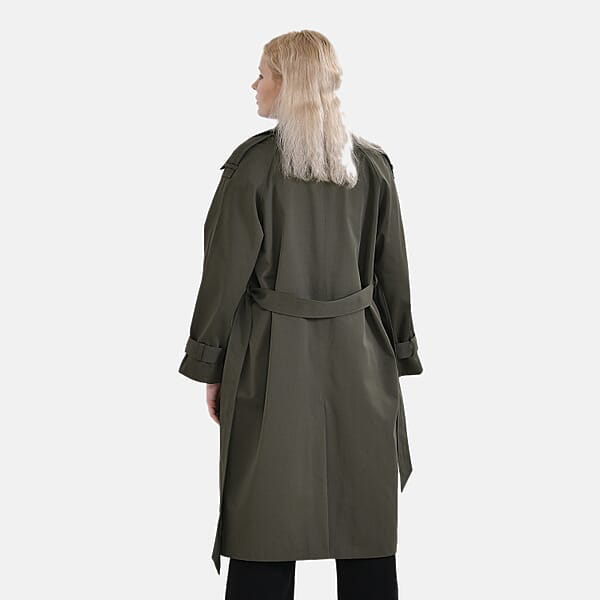 Tamsy Olive Water Resistant Trench Coat With Waist Belt And Pockets – L
