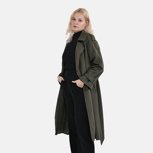 Tamsy Olive Water Resistant Trench Coat With Waist Belt And Pockets – L