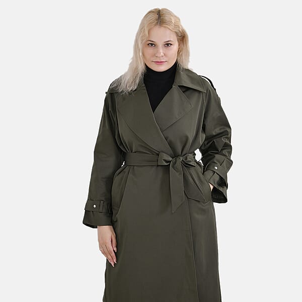 Tamsy Olive Water Resistant Trench Coat With Waist Belt And Pockets – L