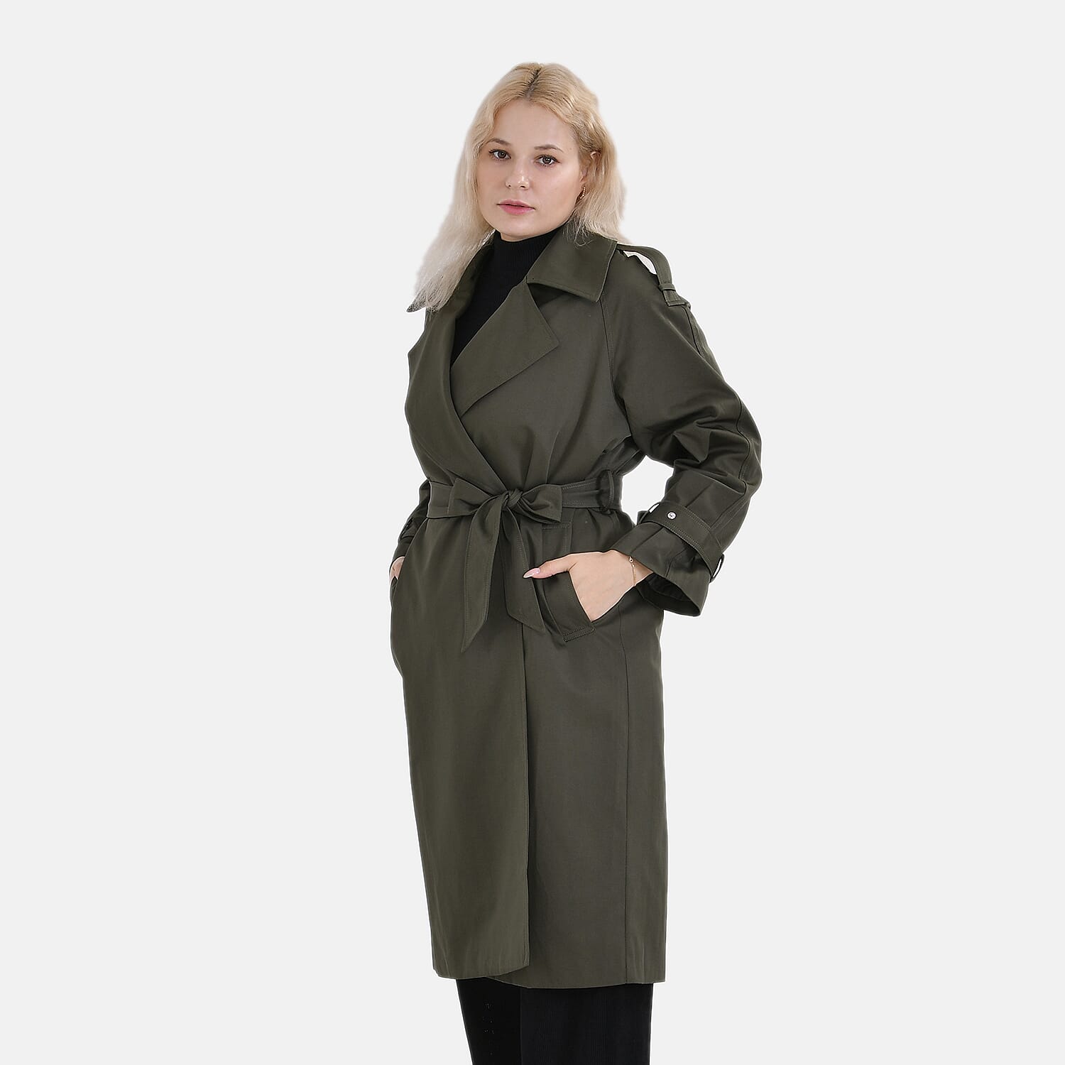 Tamsy Olive Water Resistant Trench Coat with Waist Belt and Pockets – L