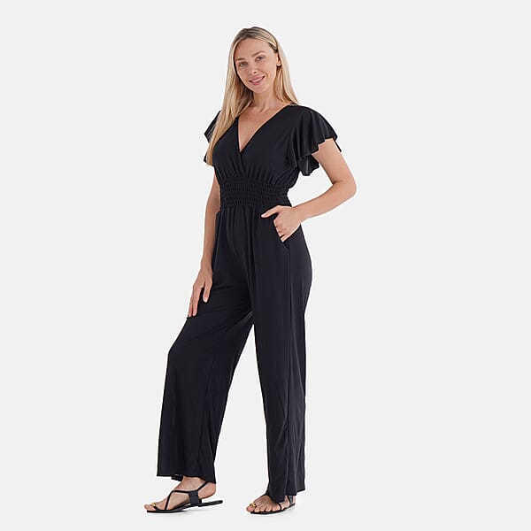 TAMSY Onyx Smocked Jumpsuit With Flutter Sleeve - One Size Fits Most
