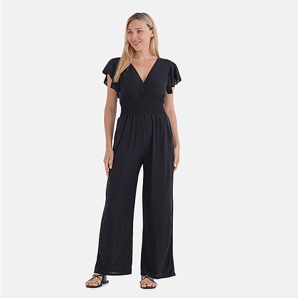 TAMSY Onyx Smocked Jumpsuit With Flutter Sleeve - One Size Fits Most