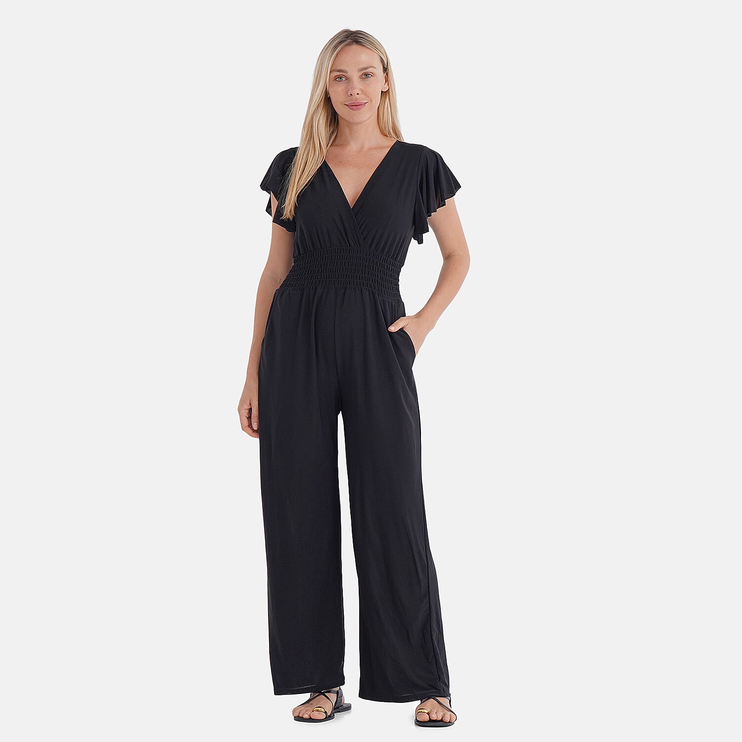 TAMSY Onyx Smocked Jumpsuit With Flutter Sleeve - One Size Fits Most