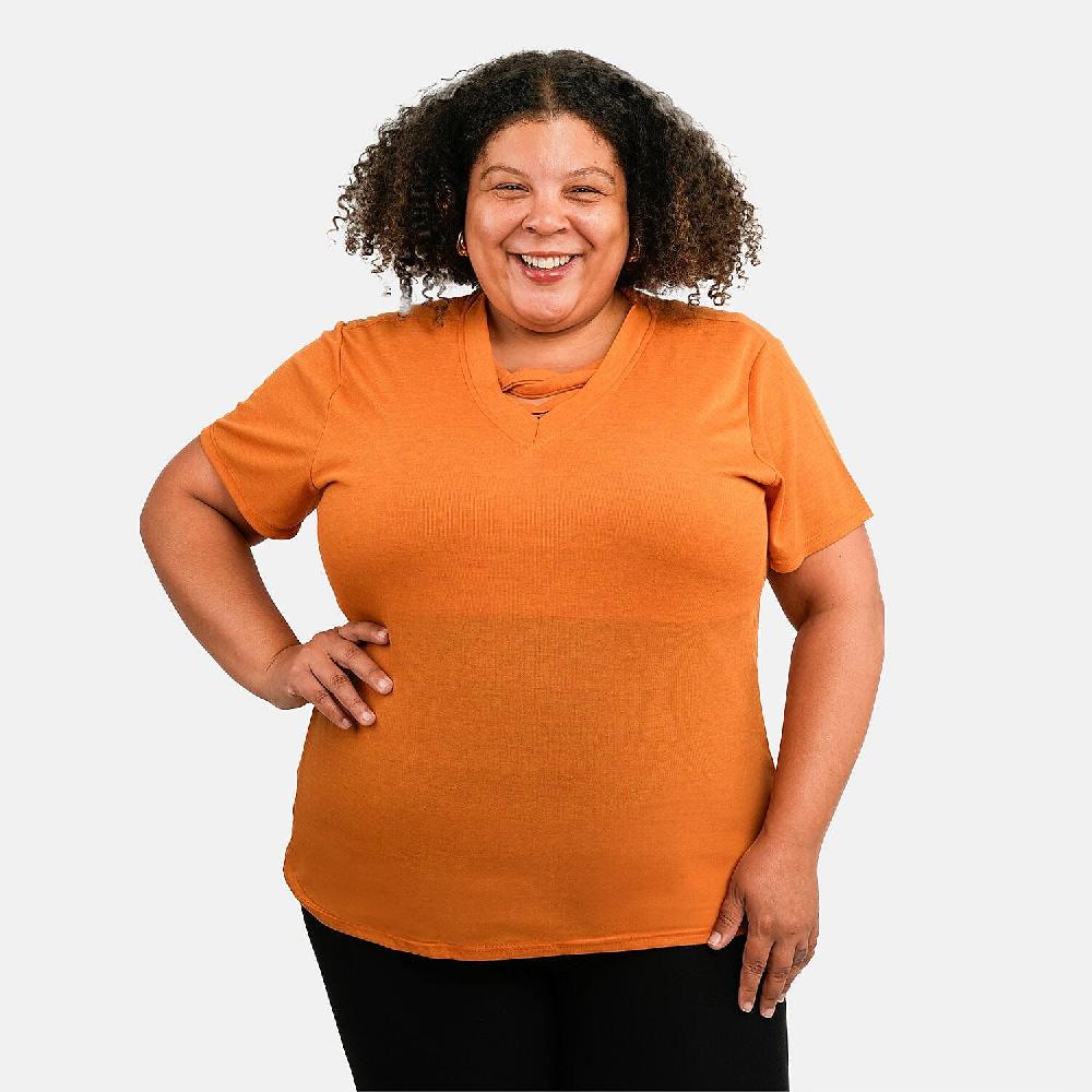 Tamsy Orange Cross Front Slub Knit T-shirt - One Size Missy