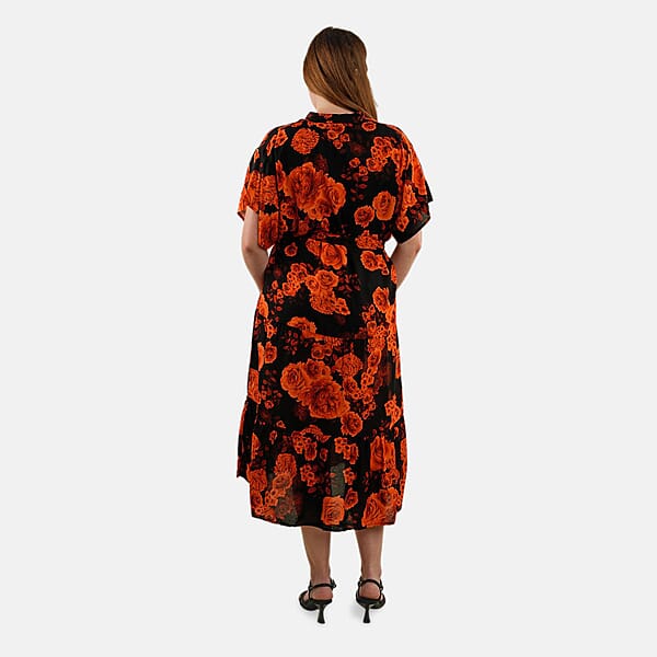 Tamsy Orange Floral Front Placket Shirt Dress With Fabric Waist Tie - One Size Fits Most