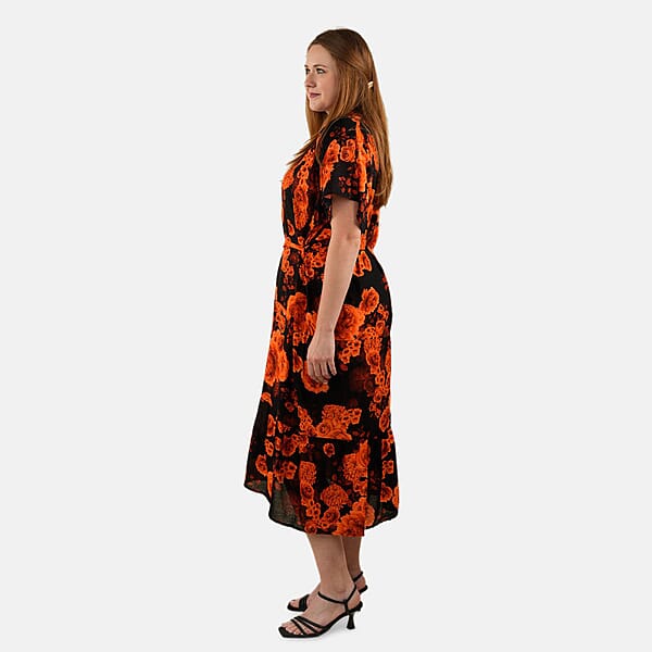 Tamsy Orange Floral Front Placket Shirt Dress With Fabric Waist Tie - One Size Fits Most