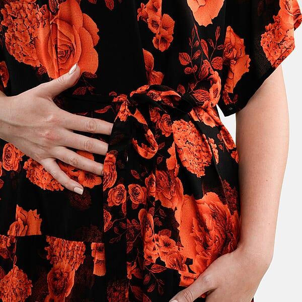 Tamsy Orange Floral Front Placket Shirt Dress With Fabric Waist Tie - One Size Fits Most
