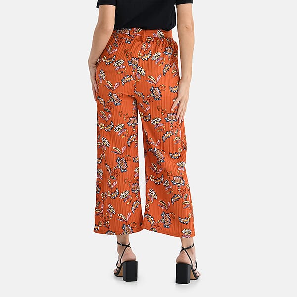 TAMSY Orange Floral High Waist Wide Leg Belted Pant With Pockets - One Size Fits Most