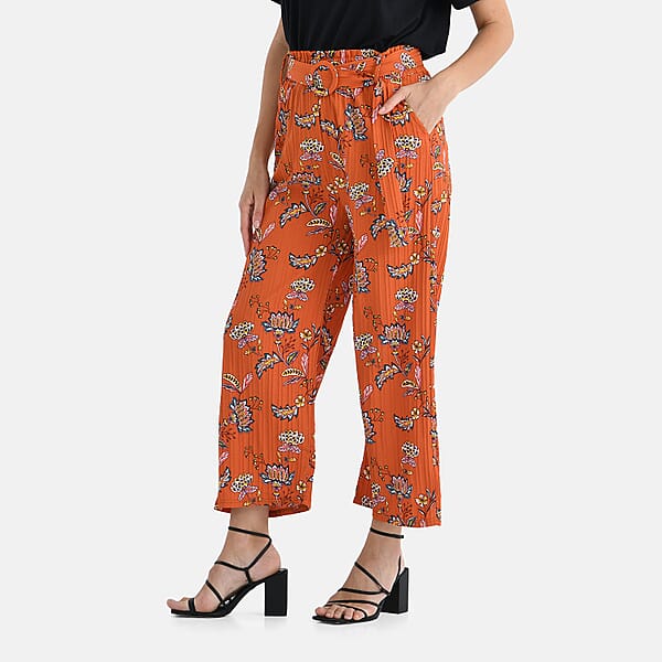 TAMSY Orange Floral High Waist Wide Leg Belted Pant With Pockets - One Size Fits Most