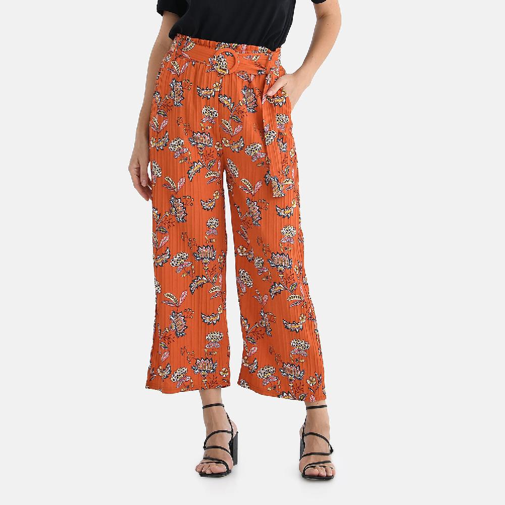 TAMSY Orange Floral High Waist Wide Leg Belted Pant with Pockets - One Size Fits Most