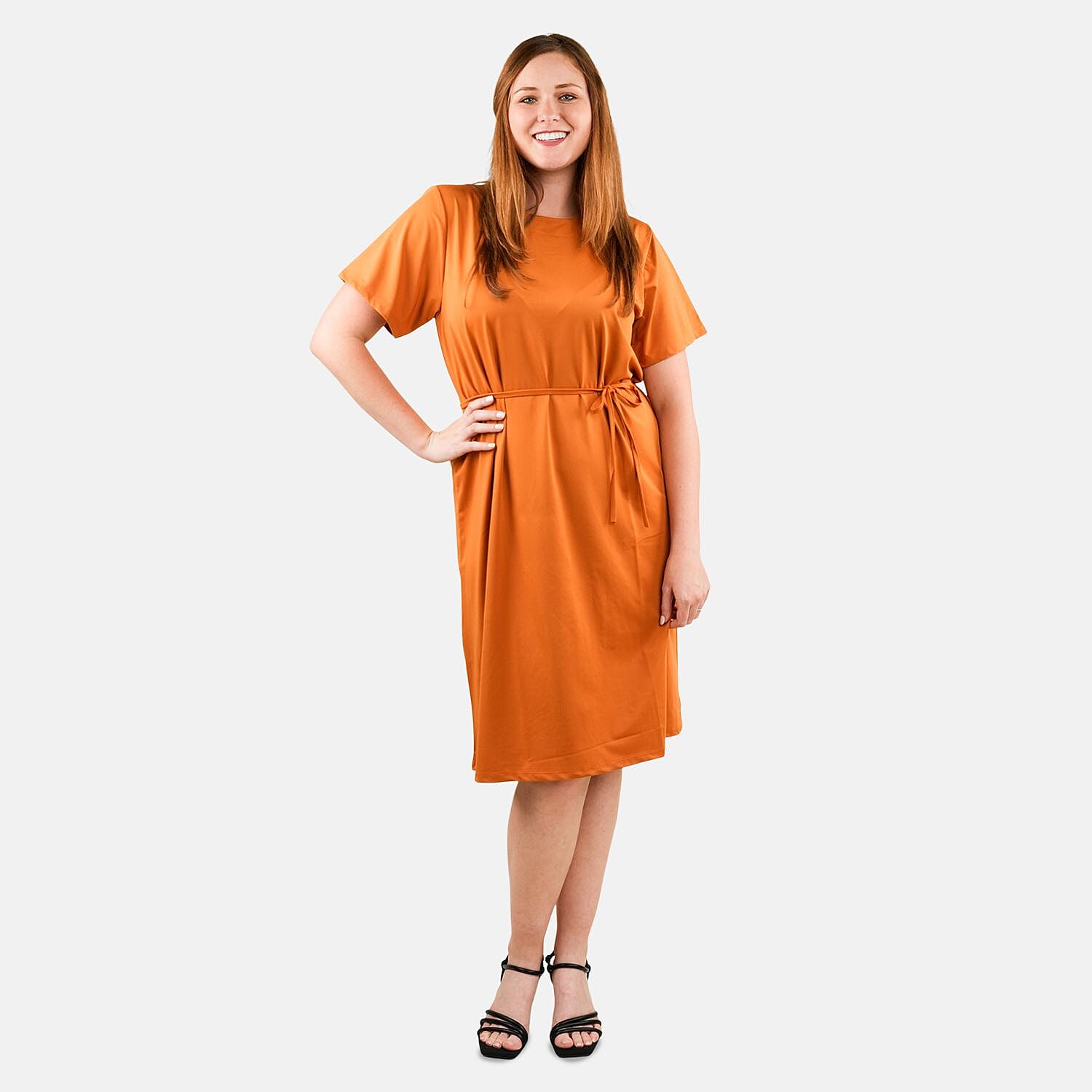 Tamsy Orange Midi Dress with Removable Waist Tie - US Medium