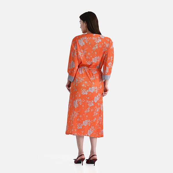 TAMSY Orange Pleated 3/4 Sleeve Midi Dress With Waist Tie Belt - One Size Fits Most