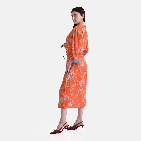 TAMSY Orange Pleated 3/4 Sleeve Midi Dress With Waist Tie Belt - One Size Fits Most