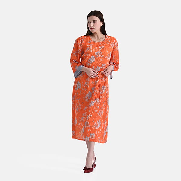 TAMSY Orange Pleated 3/4 Sleeve Midi Dress With Waist Tie Belt - One Size Fits Most
