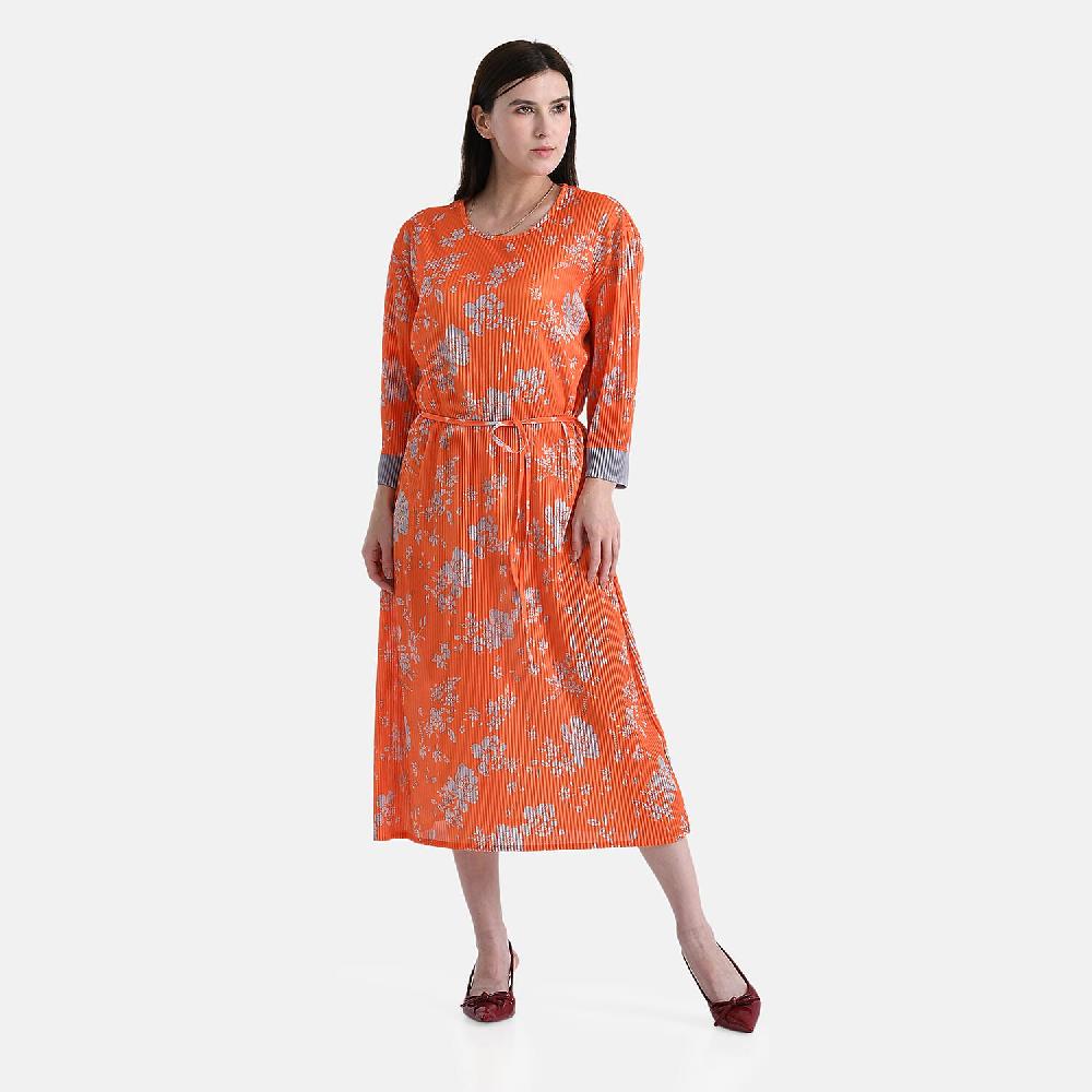 TAMSY Orange Pleated 3/4 Sleeve Midi Dress with Waist Tie Belt - One Size Fits Most