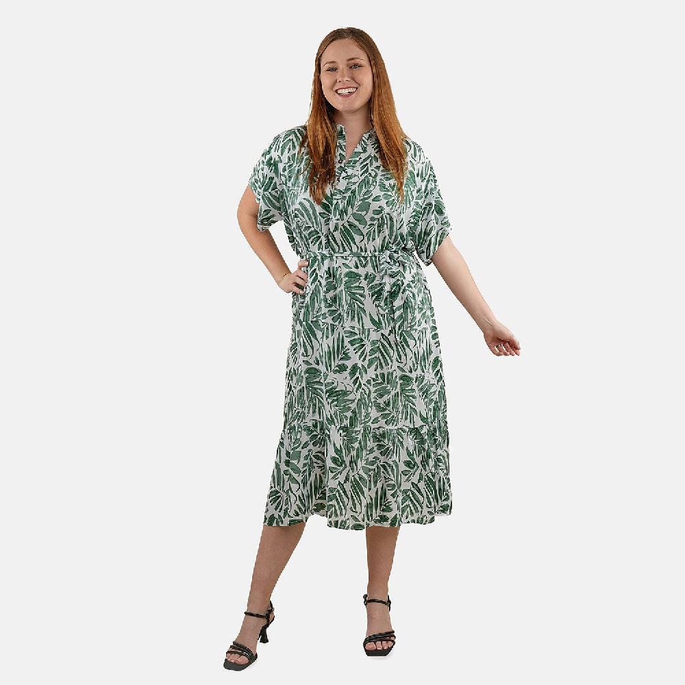 Tamsy Palm Leaf Front Placket Shirt Dress with Fabric Waist Tie - One Size Fits Most