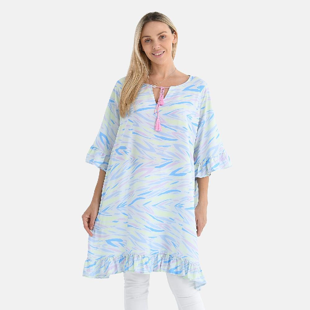 Tamsy Pastel Abstract Ruffle Hem Blouse with Tassel Neck Tie - One Size Fits Most