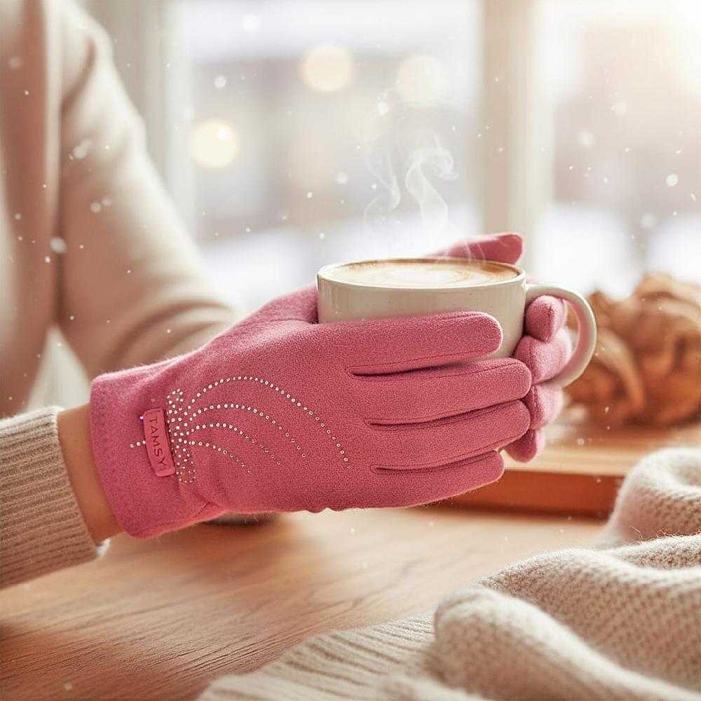 Tamsy Pink Cashmere Wool Gloves with 2 Fingers Screen Touch