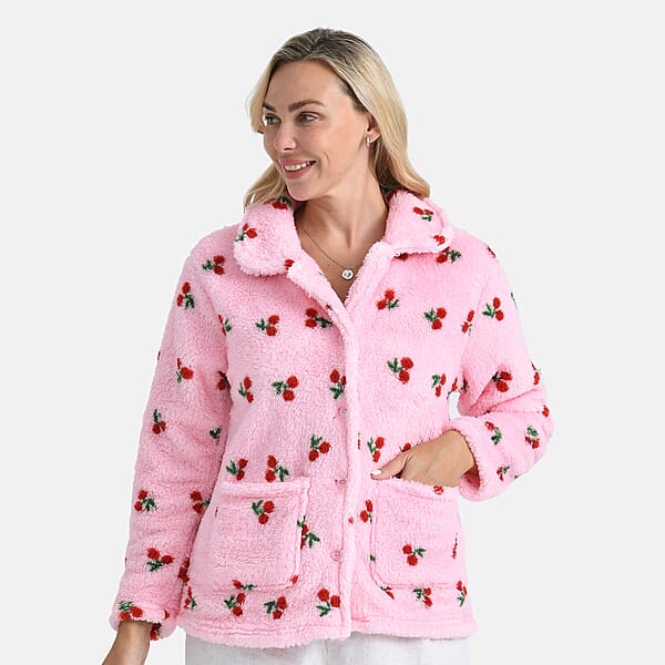 TAMSY Pink Cherries Plush Fleece Collared Button-up Lounge Jacket - Medium