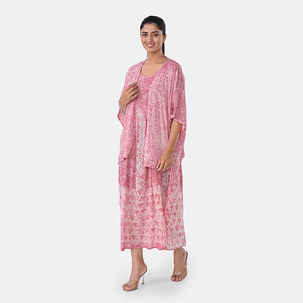 TAMSY Pink Smocked Sleeveless Dress With Kimono Twinset - One Size Fits Most
