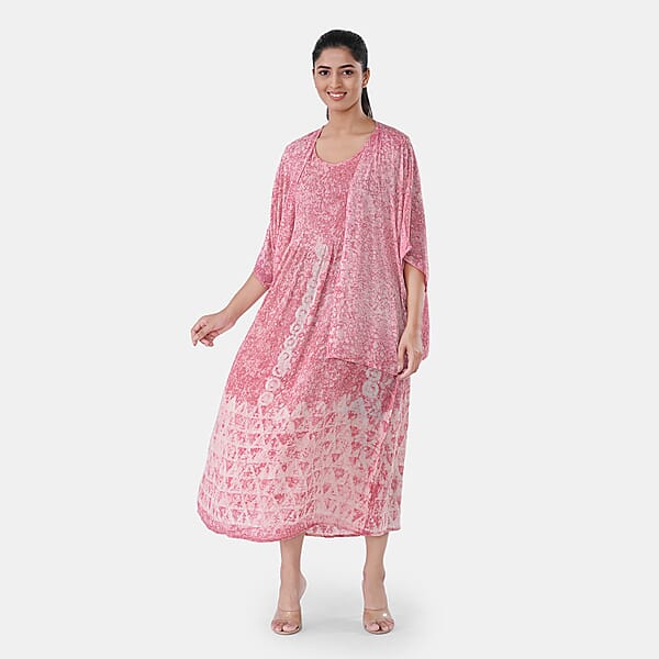 TAMSY Pink Smocked Sleeveless Dress With Kimono Twinset - One Size Fits Most