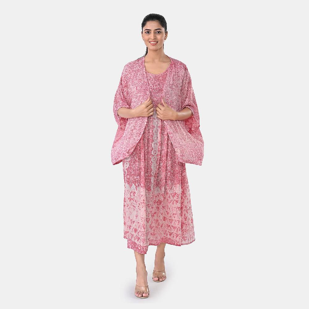 TAMSY Pink Smocked Sleeveless Dress with Kimono Twinset - One Size Fits Most