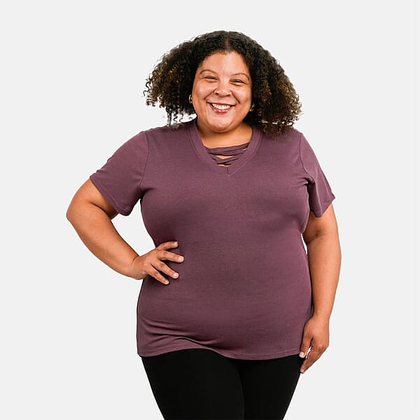 Tamsy Plum Cross Front Slub Knit T-shirt - One Size Missy