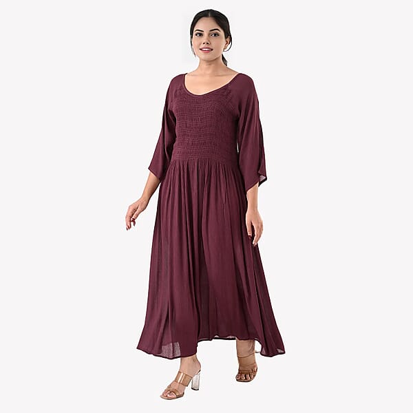 Tamsy Plum Rayon Crepe Smocked Bodice Dress With Bell Sleeve - One Size Fits Most