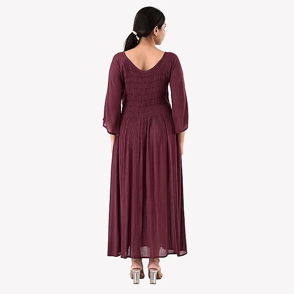 Tamsy Plum Rayon Crepe Smocked Bodice Dress With Bell Sleeve - One Size Fits Most