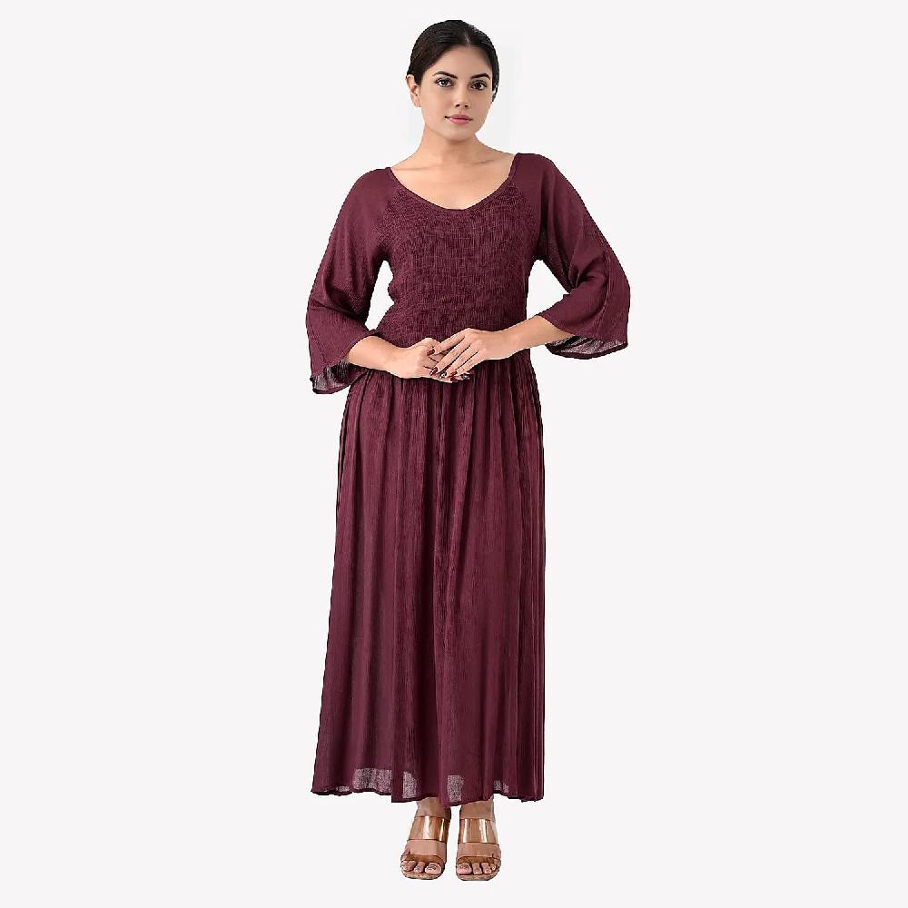 Tamsy Plum Rayon Crepe Smocked Bodice Dress with Bell Sleeve - One Size Fits Most