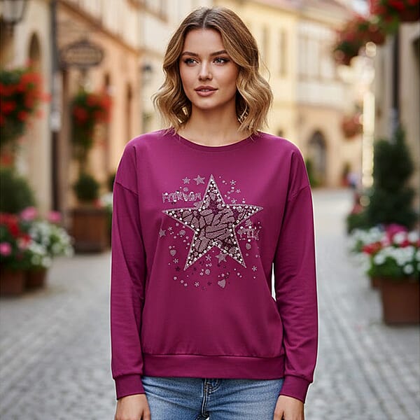 Tamsy Purple Bold Star Crystal Long Sleeve Top - One Size Fits Up To XLarge