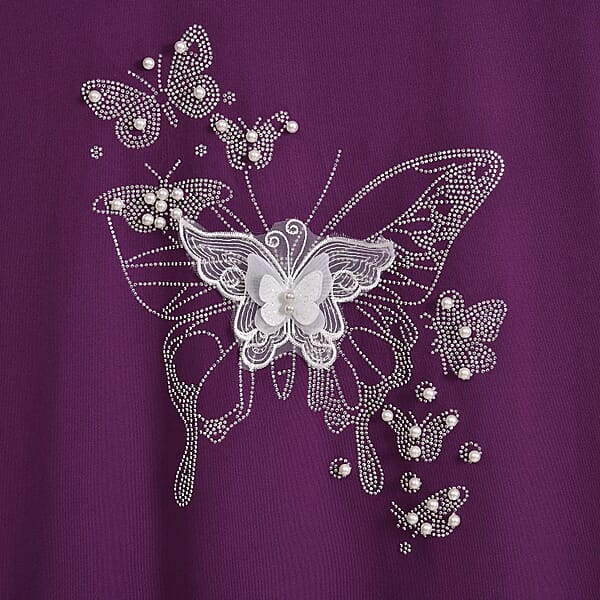 Tamsy Purple Butterfly Crystal Bejeweled And Lace Short Sleeve Shirt - One Size Fits Up To XLarge