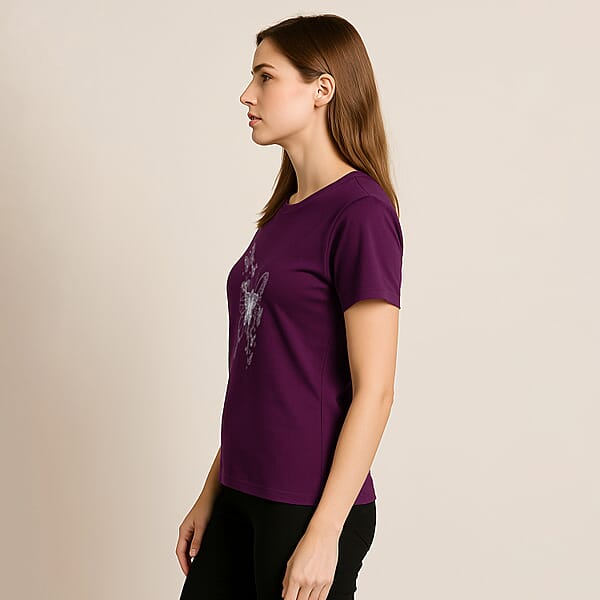 Tamsy Purple Butterfly Crystal Bejeweled And Lace Short Sleeve Shirt - One Size Fits Up To XLarge
