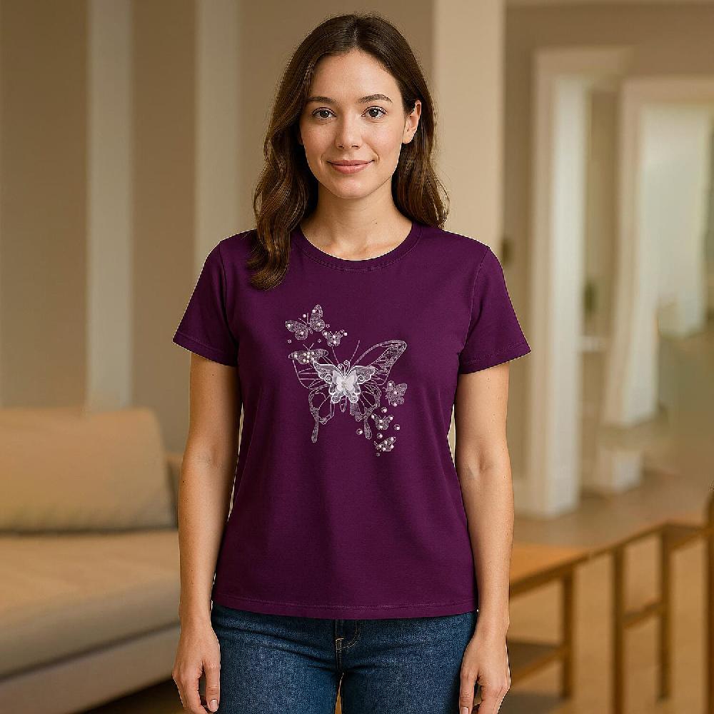 Tamsy Purple Butterfly Crystal Bejeweled and Lace Short Sleeve Shirt - One Size Fits Up to XLarge
