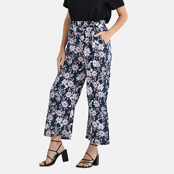 TAMSY Purple Floral High Waist Wide Leg Belted Pant With Pockets - One Size Fits Most
