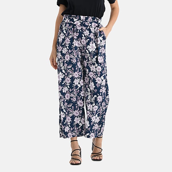 TAMSY Purple Floral High Waist Wide Leg Belted Pant With Pockets - One Size Fits Most