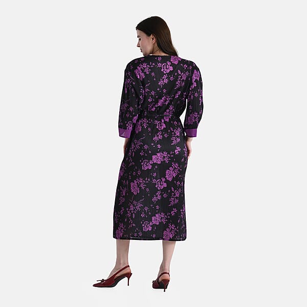 TAMSY Purple Pleated 3/4 Sleeve Midi Dress With Waist Tie Belt - One Size Fits Most
