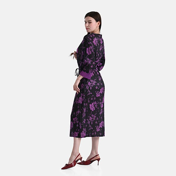 TAMSY Purple Pleated 3/4 Sleeve Midi Dress With Waist Tie Belt - One Size Fits Most